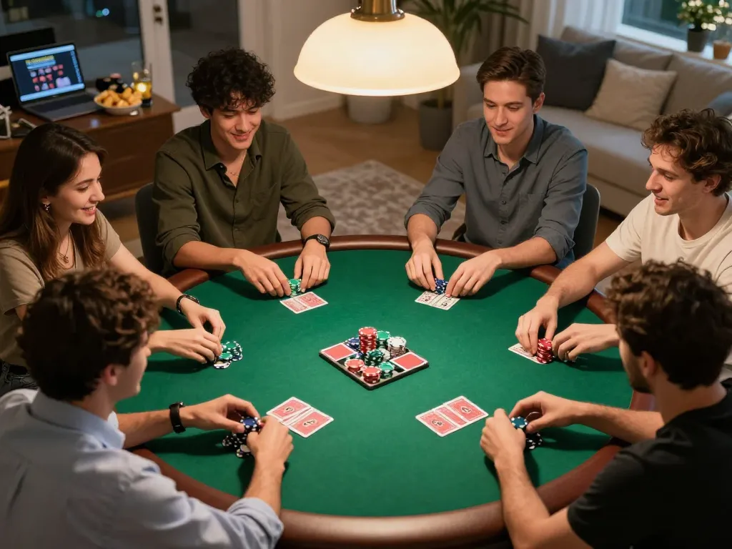 Friends enjoying an intense poker game at home while discussing xx88 com strategies.