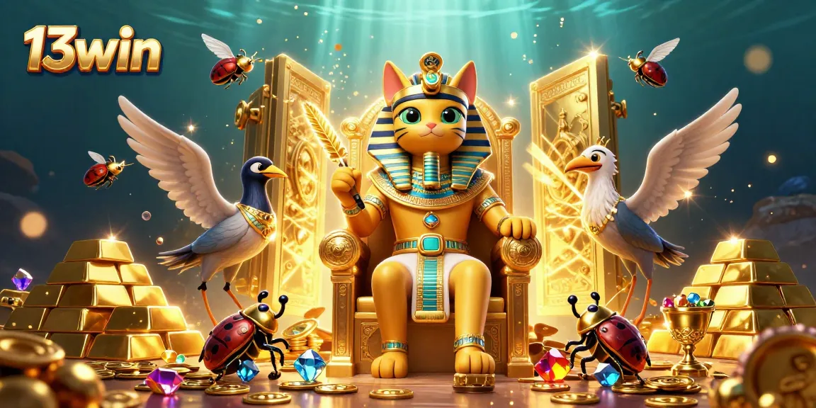 Engage with 13win's thrilling casino adventure featuring a vibrant Egyptian-themed treasure scene.
