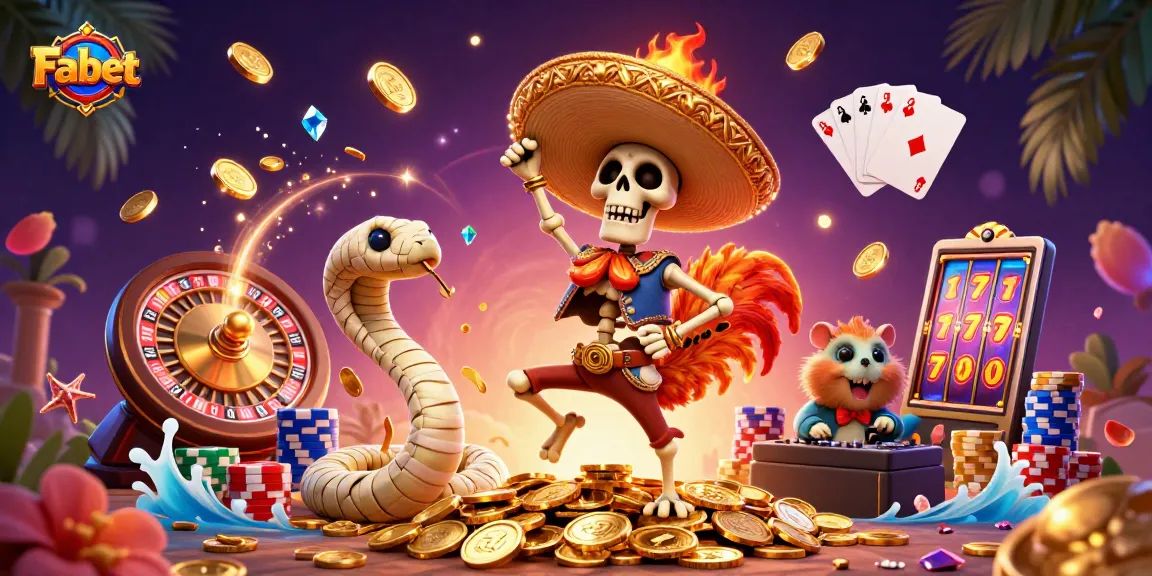 Experience the excitement of Fabet with a vibrant casino scene featuring a dancing rooster and golden treasures.
