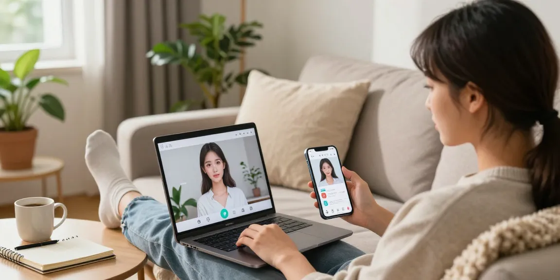 Engaging with an AI gf online in a cozy living room setting, showcasing virtual interaction.