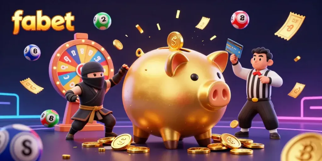 Engage with fabet through a vibrant 3D illustration showcasing lively casino elements and dynamic characters.