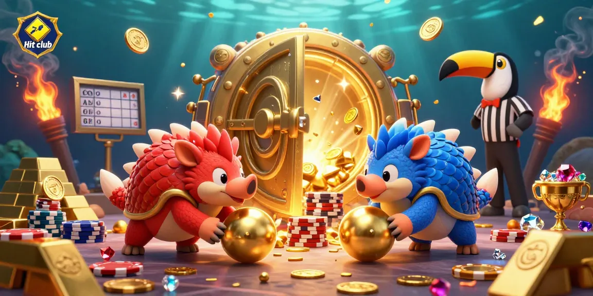 Experience vibrant gameplay at Hit club with pangolins bowling golden balls past poker chips in an exciting casino scene.