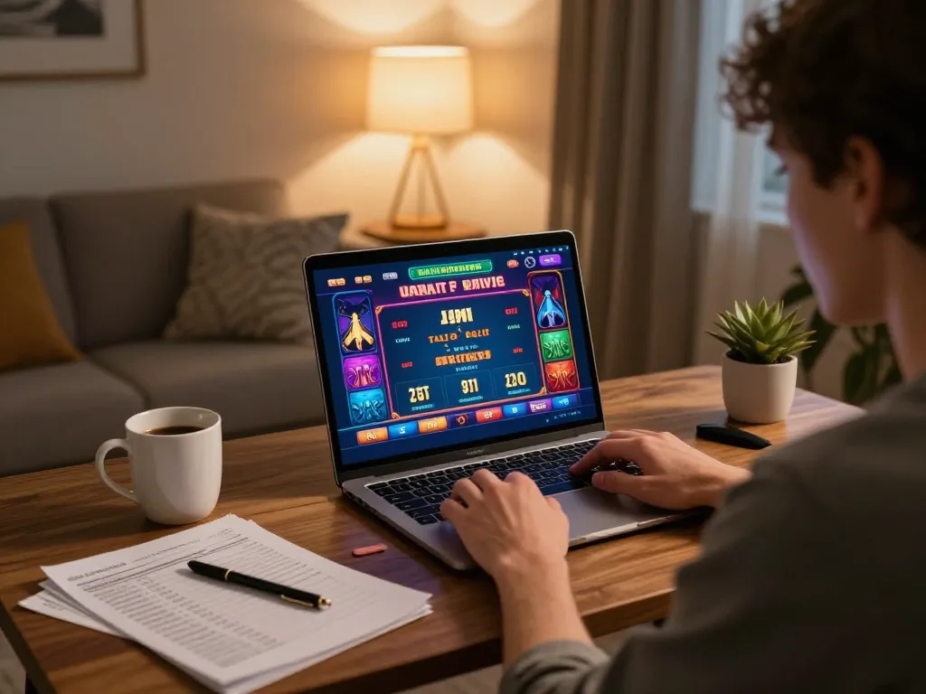 Person enjoying a nhacaiuytinn online casino experience at home with laptop and notes.
