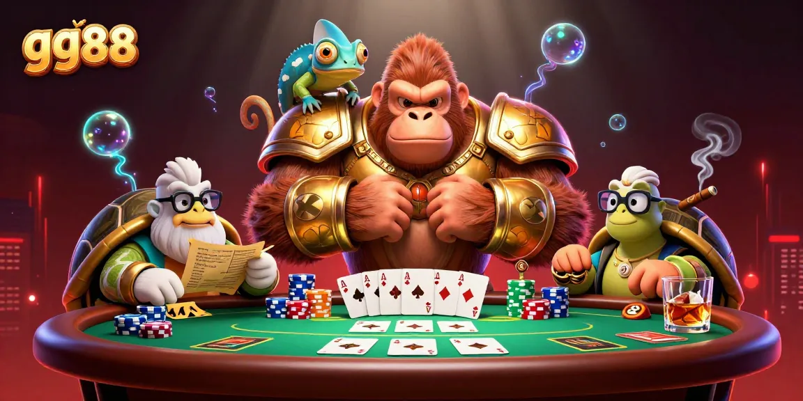 Engage in high-stakes poker at gg88 with a powerful gorilla king and colorful chameleon beside a casino table.