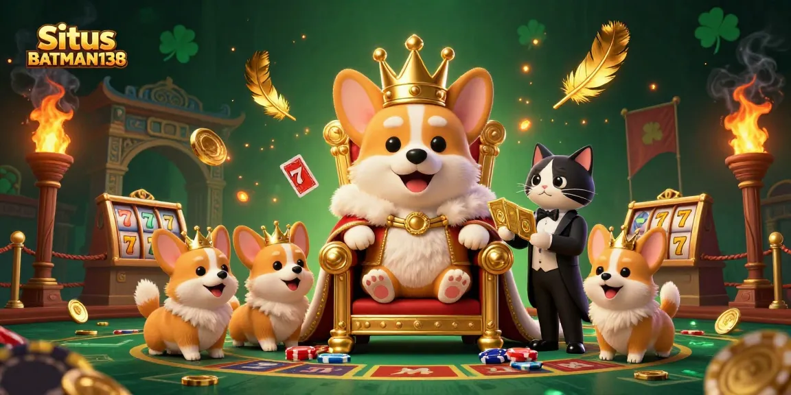 Situs BATMAN138 showcases a royal corgi on a throne with casino-themed elements in a lively illustration.