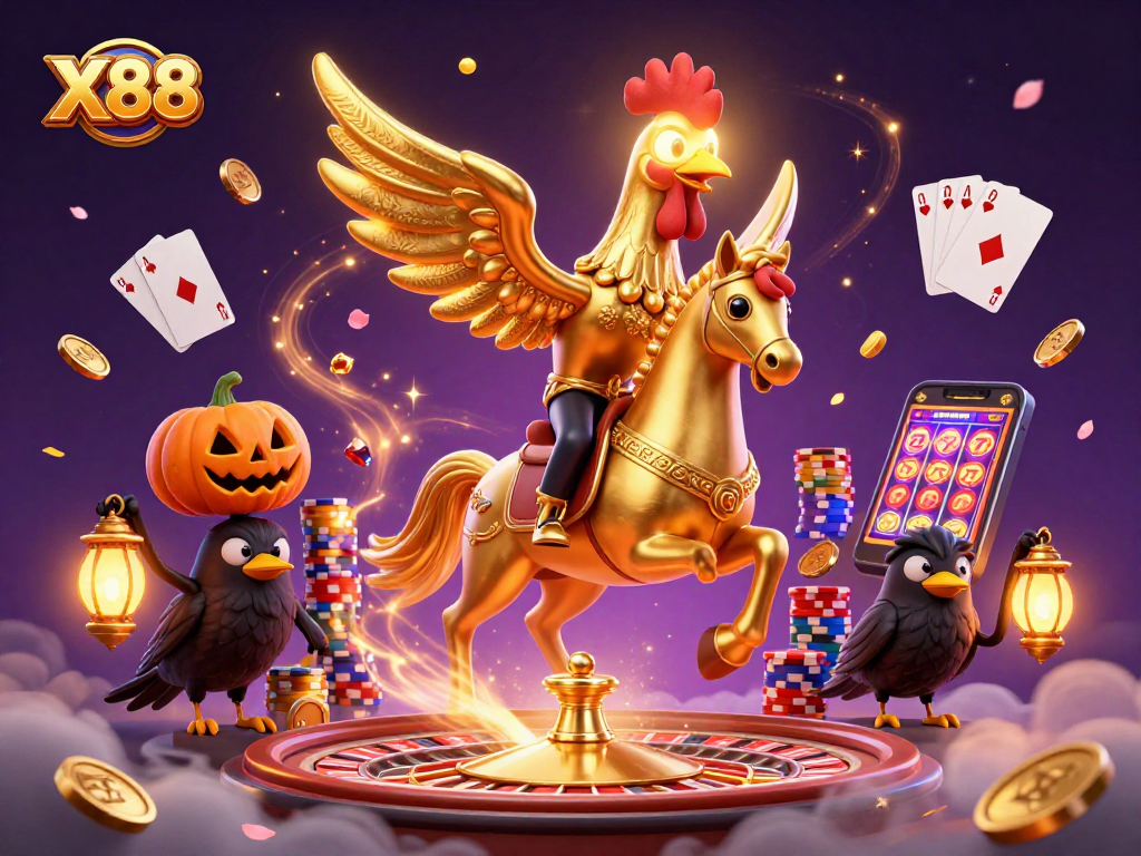 X88 engages players with a vibrant casino scene featuring a golden rooster on a spectral horse.