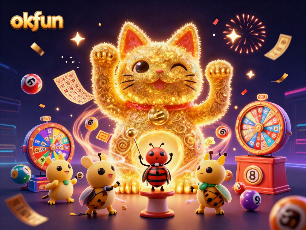 Experience okfun's vibrant casino atmosphere with colorful balls and lucky cat in a dynamic celebration.