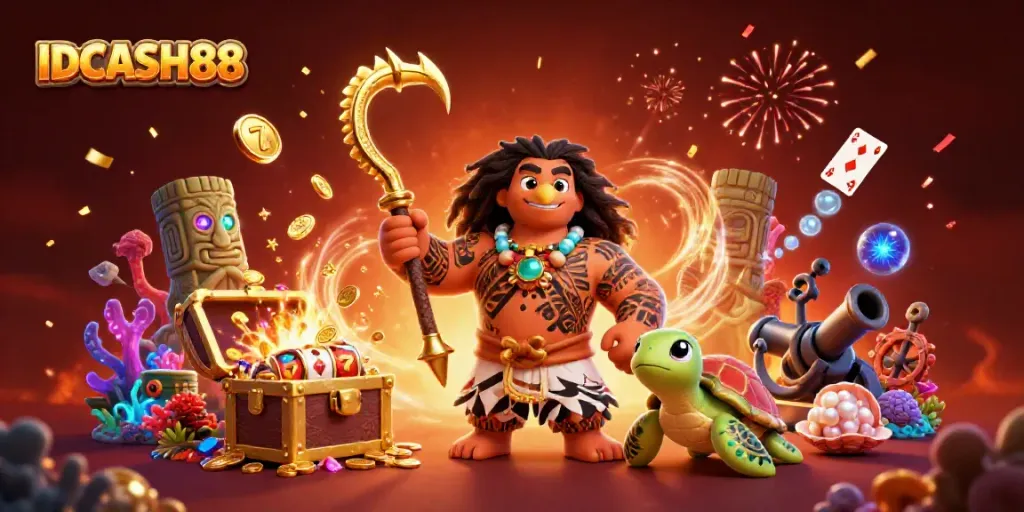 Experience the thrilling IDCASH88 casino adventure with Polynesian demigod and treasures