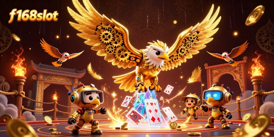 Experience thrilling action in f168slot with a vibrant 3D illustration of a golden eagle and playing cards.