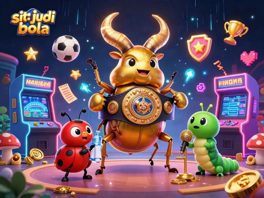 Experience thrilling sports betting with situs judi bola featuring vibrant characters, trophies, and energy-filled action.