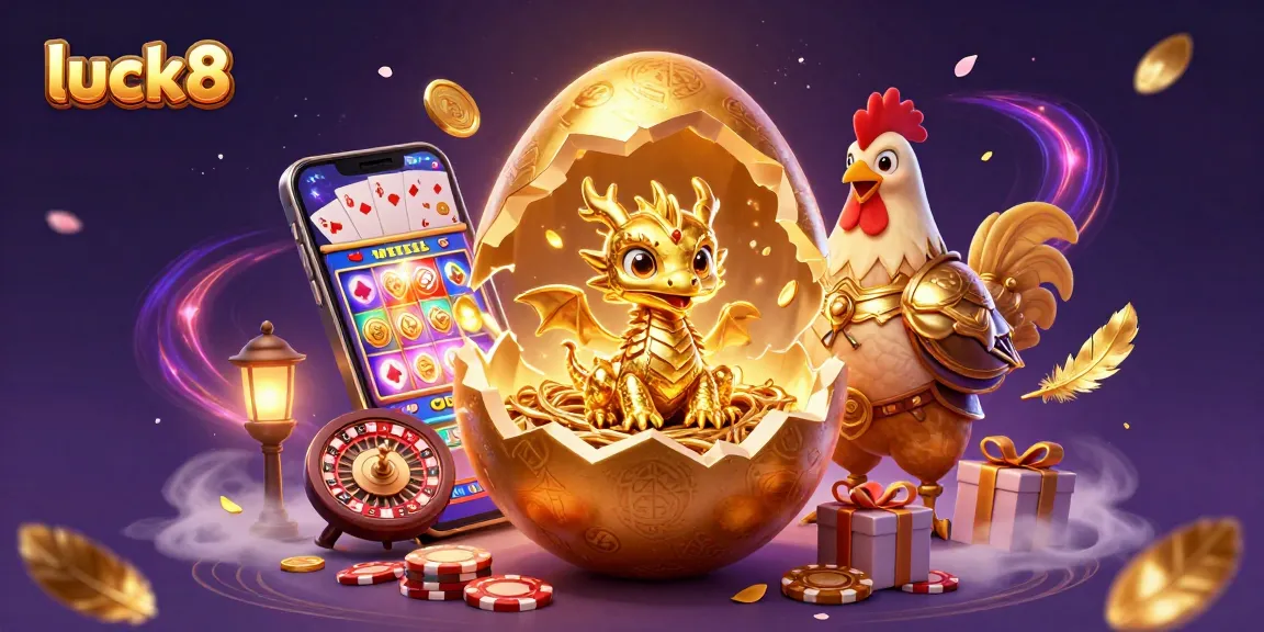 Immerse in luck8's vibrant casino scene with a golden dragon amidst poker chips and thrilling gaming elements.