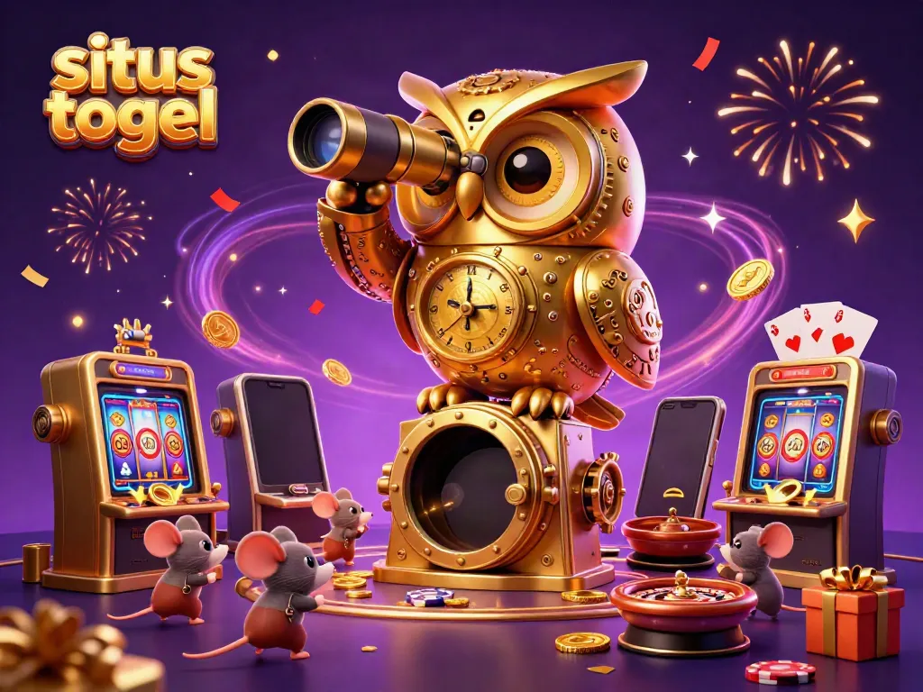 Engaging casino scene featuring a golden owl monitoring a vibrant gaming floor with tiny mice amid action for situs togel enthusiasts.