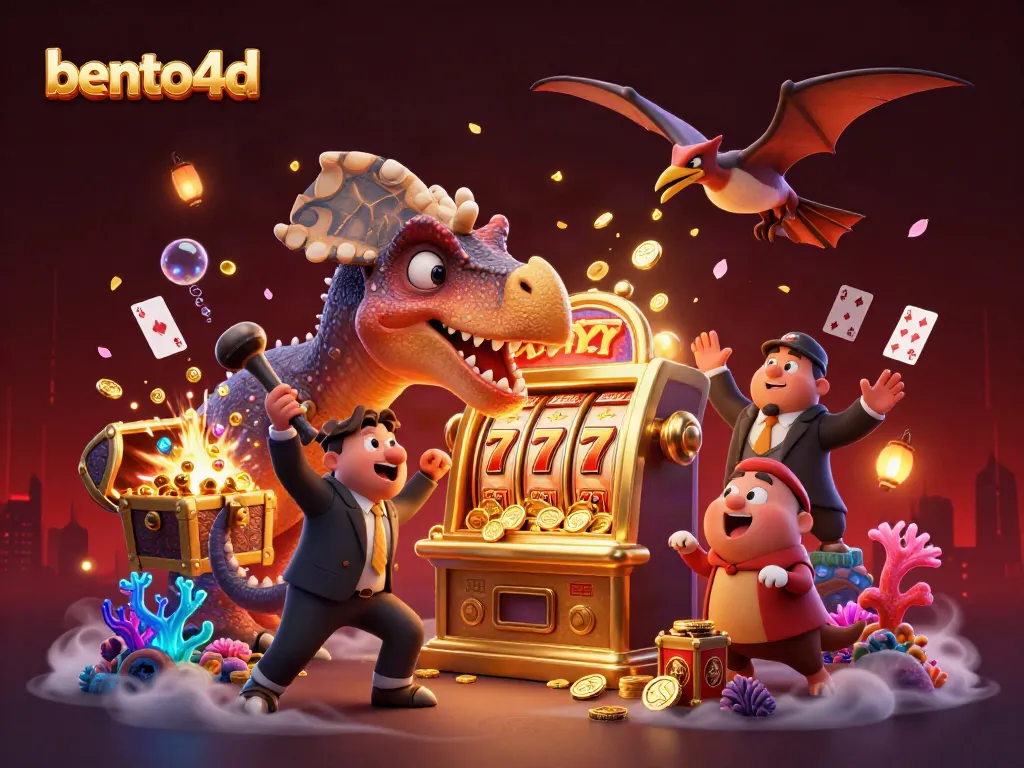 Bento4d showcases a cartoon dinosaur headbutting a slot machine for jackpot coins amid a vibrant casino scene.