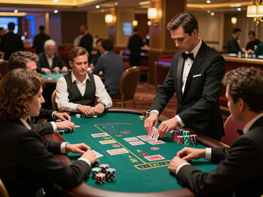Engaging gameplay at rokok88 blackjack table, players betting with anticipation in upscale casino.
