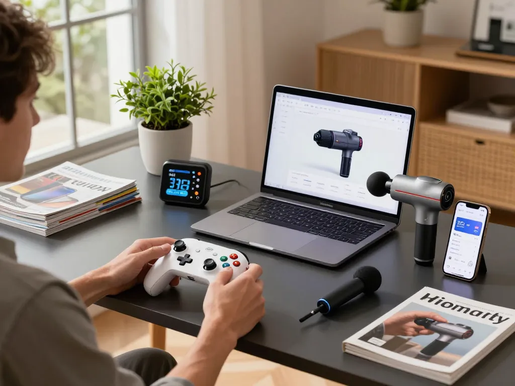 Exploring cool tech gadgets under $160 in a modern workspace with a laptop, controller, and massage gun.