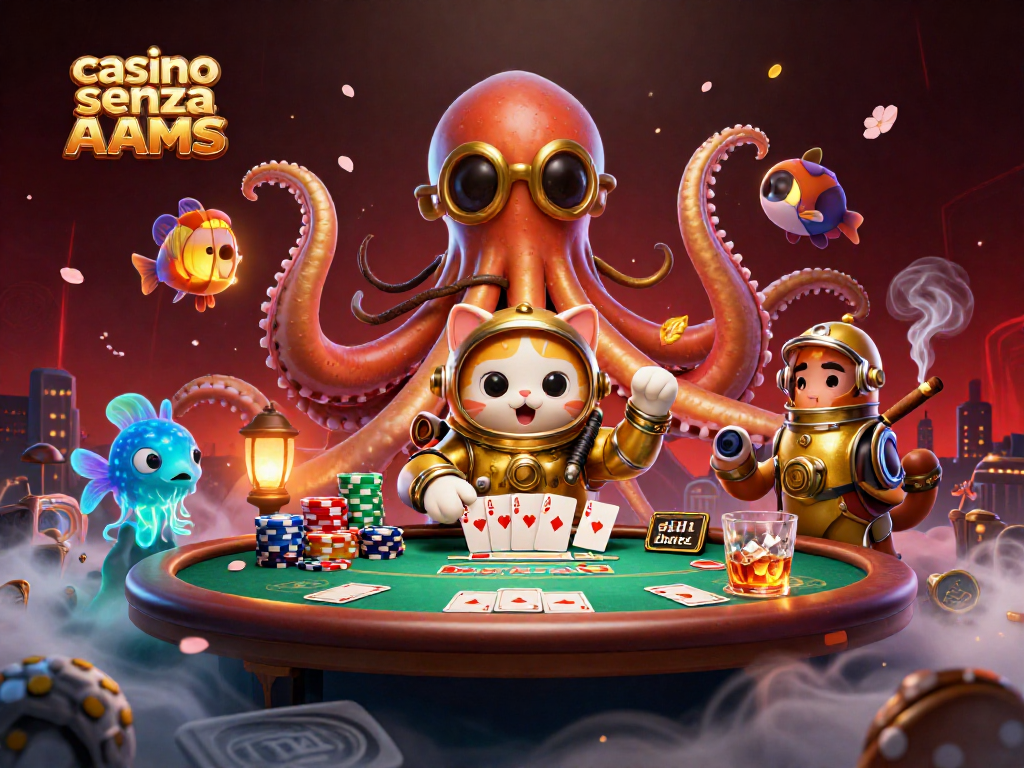 Scopri i casino senza AAMS con questa illustrazione di un kraken, un gatto subacqueo e elementi di gioco.
