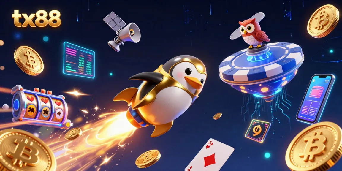 Experience thrilling moments in tx88 casino with a cartoon penguin soaring to victory amidst glowing crypto coins and poker chips.
