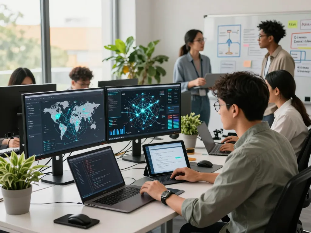 快连 technology team collaborating in a modern office, showcasing innovative network solutions and AI-driven systems.