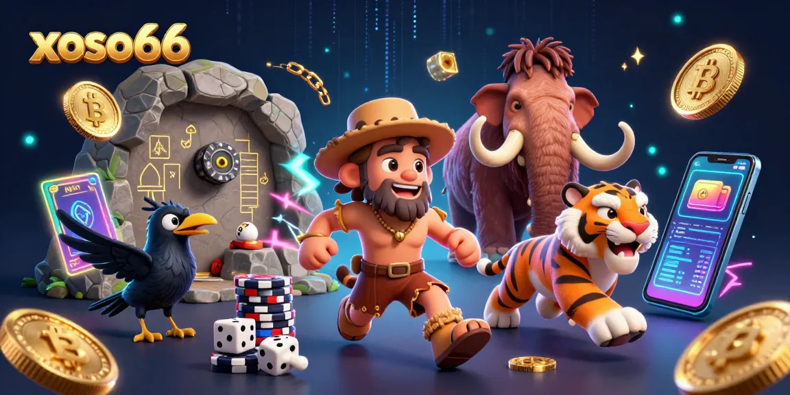 Experience the exhilarating gaming of xoso66 with a lively prehistoric casino scene featuring dynamic characters.