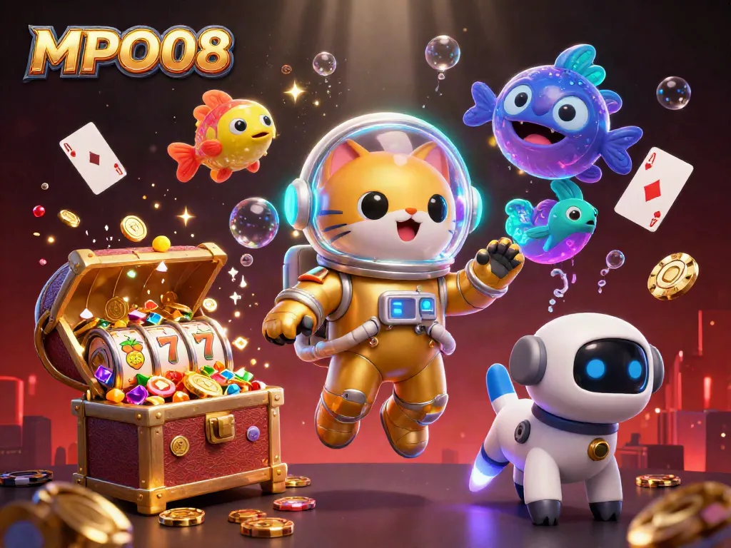 MPO08 engages players with vibrant space-themed casino elements and characters in a dynamic scene.