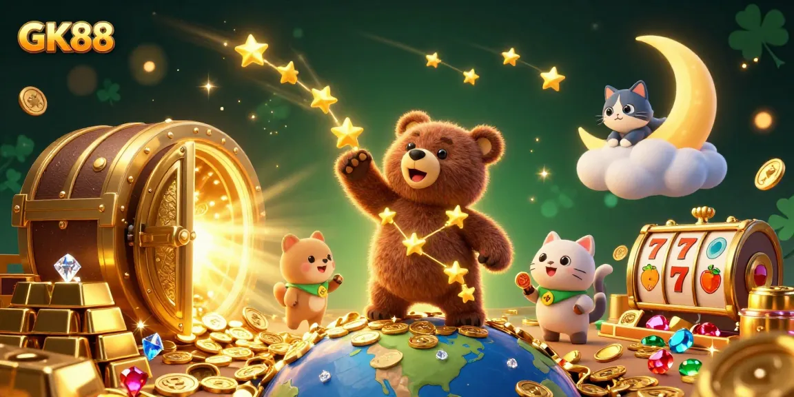 GK88's vibrant 3D casino illustration showcases golden treasures, slots, and cartoon characters.