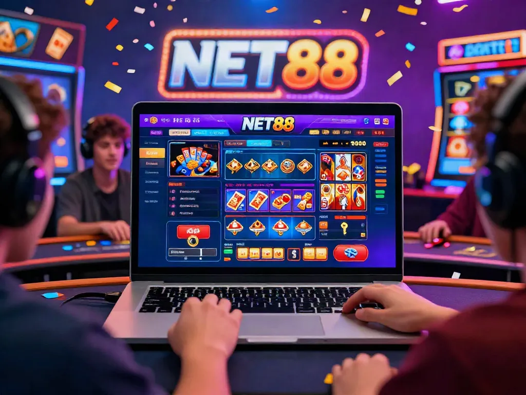 NET88 online gambling experience showing players in an energized gaming atmosphere with vibrant digital interface.