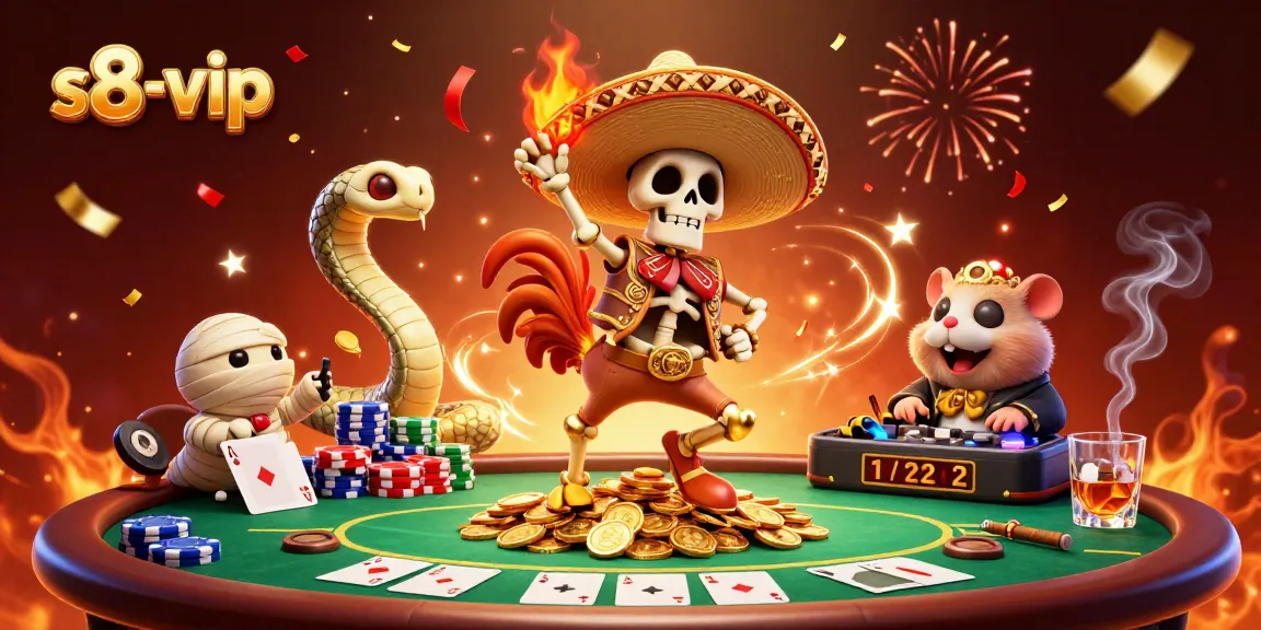 Experience thrilling moments with s8-vip while enjoying a colorful celebration in a casino-themed illustration.