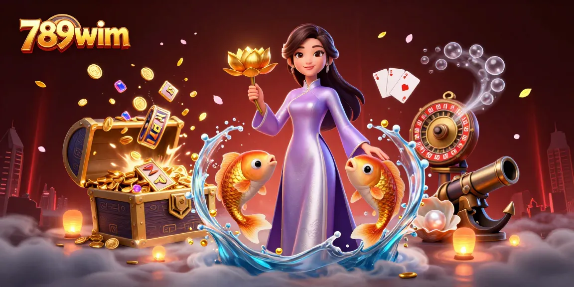 Experience thrilling games at 789wim with golden koi and vibrant slot reels bursting with winnings.