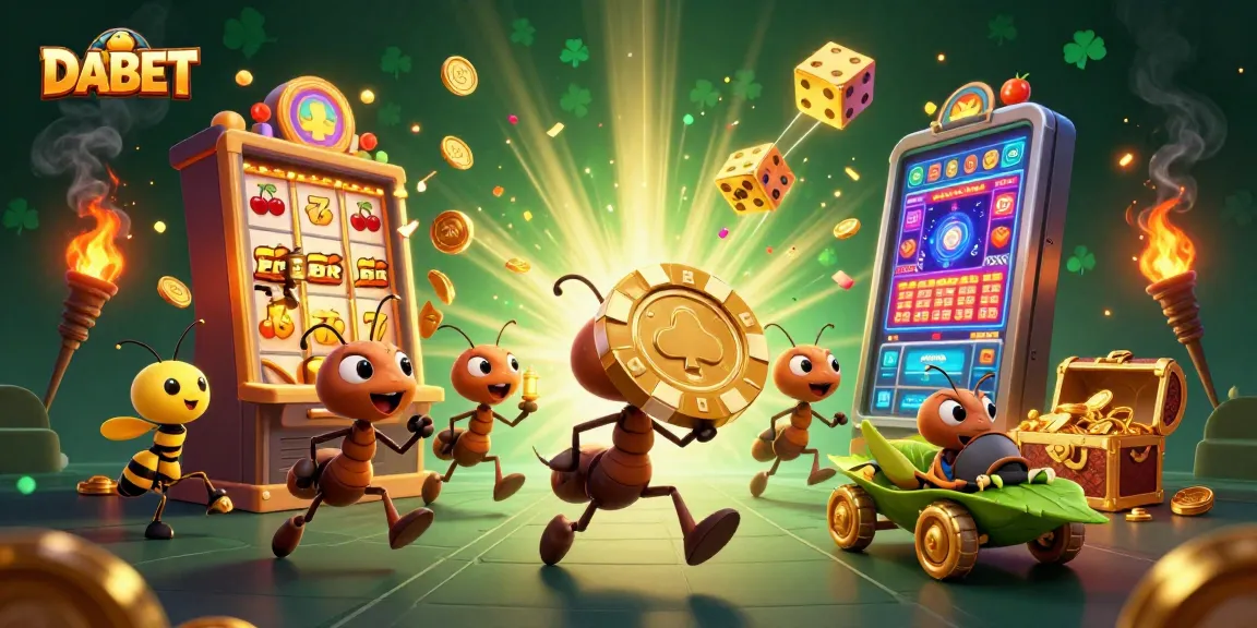 DABET showcases a thrilling casino scene with ants stealing a giant chip amidst vibrant gaming elements.