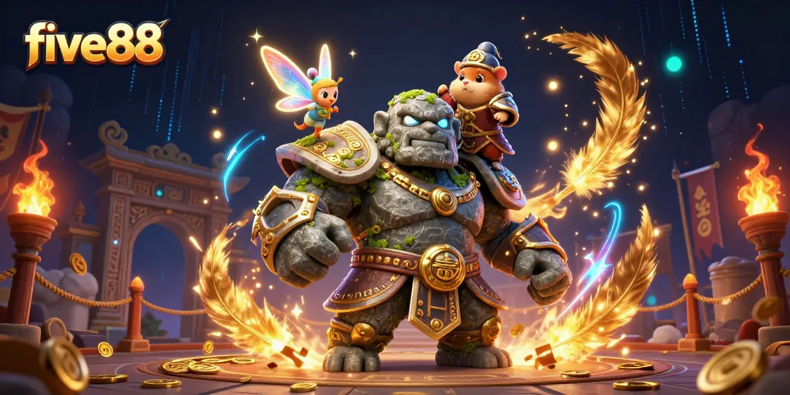 Experience gaming magic with five88 showcasing a vibrant 3D scene filled with gold coins and fantasy elements.