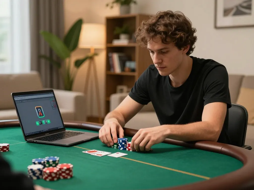 Player engaging in an online poker game on a laptop at home, using pmtsoap for strategic betting insights.