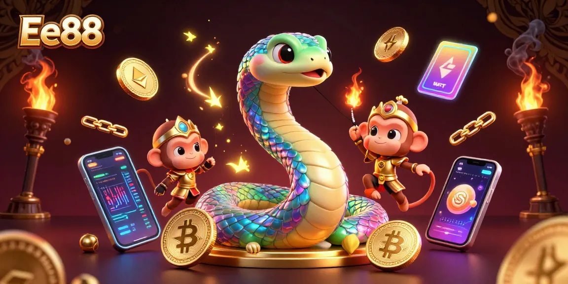 Experience the excitement of Ee88 with vibrant gaming and crypto elements in a lively 3D scene.