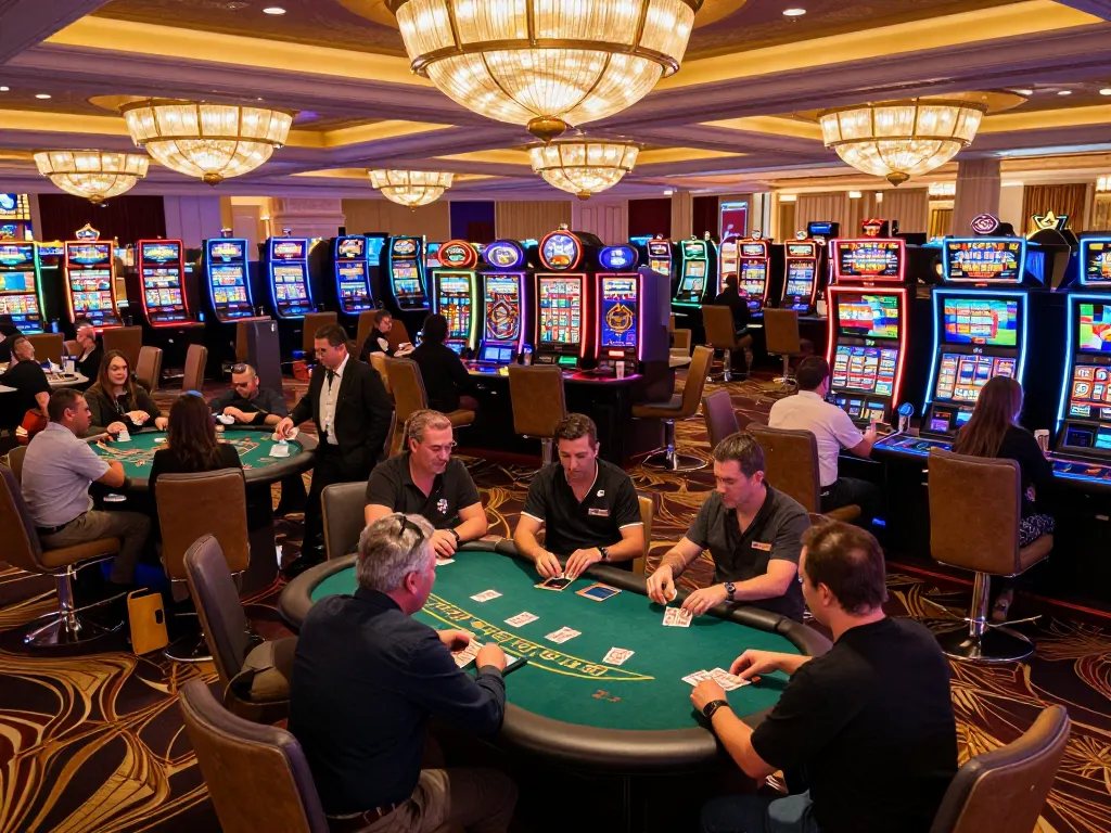 gamebaidoithuong8 thrilling casino floor filled with players at poker and slot machines