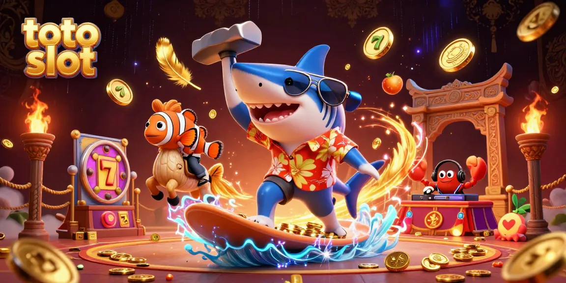 Surf on a wave of gold coins with a toto slot themed shark, clownfish, and crab DJ.