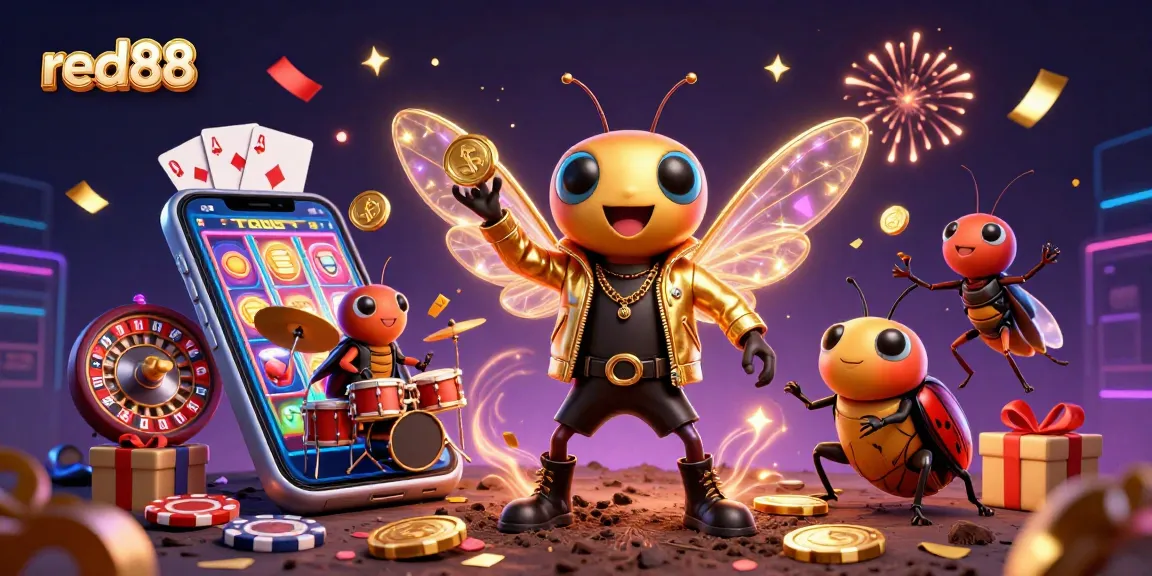 Engage with red88's vibrant casino gaming scene, showcasing a rock star cicada and lively game elements.