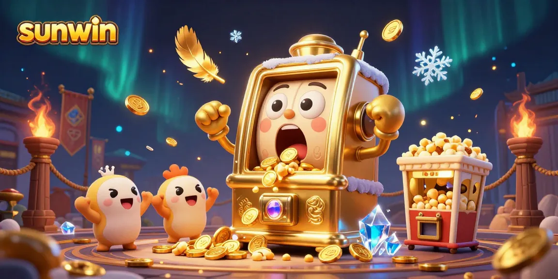 Sunwin's golden slot machine celebrating a jackpot with vibrant casino elements surrounding it.