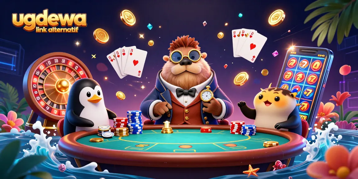 Engage with the thrilling ugdewa link alternatif, showcasing a walrus poker scene amidst cascading treasures.