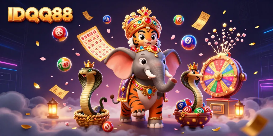 Engage with IDQQ88's vibrant casino scene featuring lottery balls and prize elements.