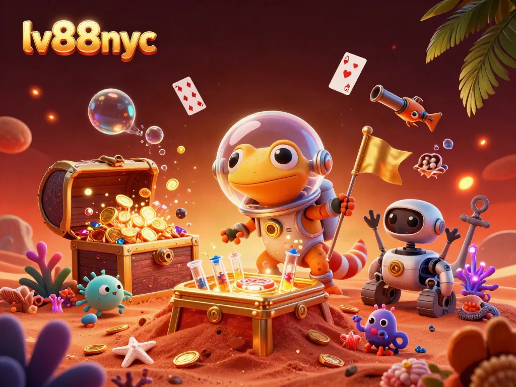 Engage with lv88nyc's vibrant casino scene featuring a Martian gecko and treasure elements.