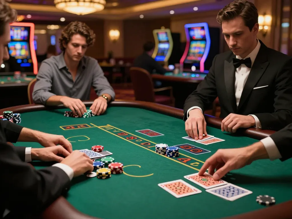 Players engage at a blackjack table in a lively casino, enhancing the thrilling experience at 79kingvnc.