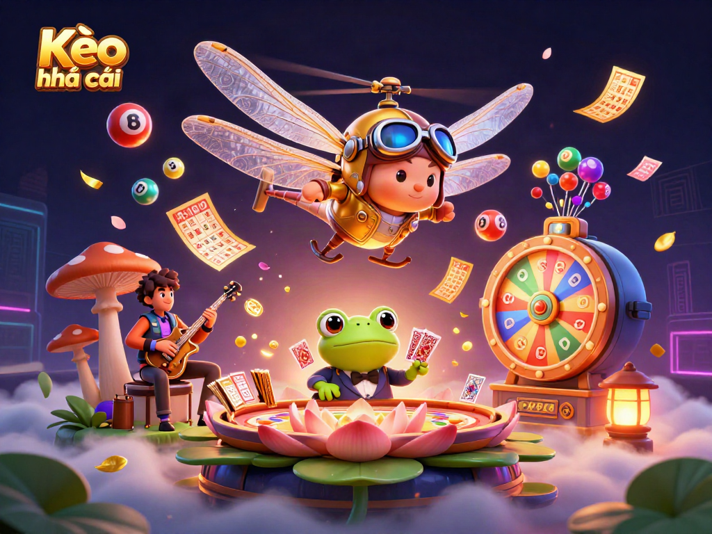 Kèo nhà cái showcases a lively casino scene with card dealing frog and jazz-playing crickets.