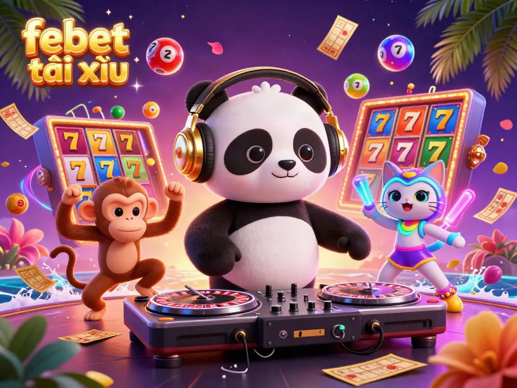 Engage with febet tài xỉu through a vibrant casino scene with DJ panda, dancing monkey, and kitten.