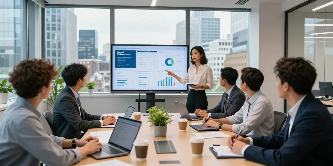 IT support for small business London team collaborating in a modern office setting with data presentation and laptops.