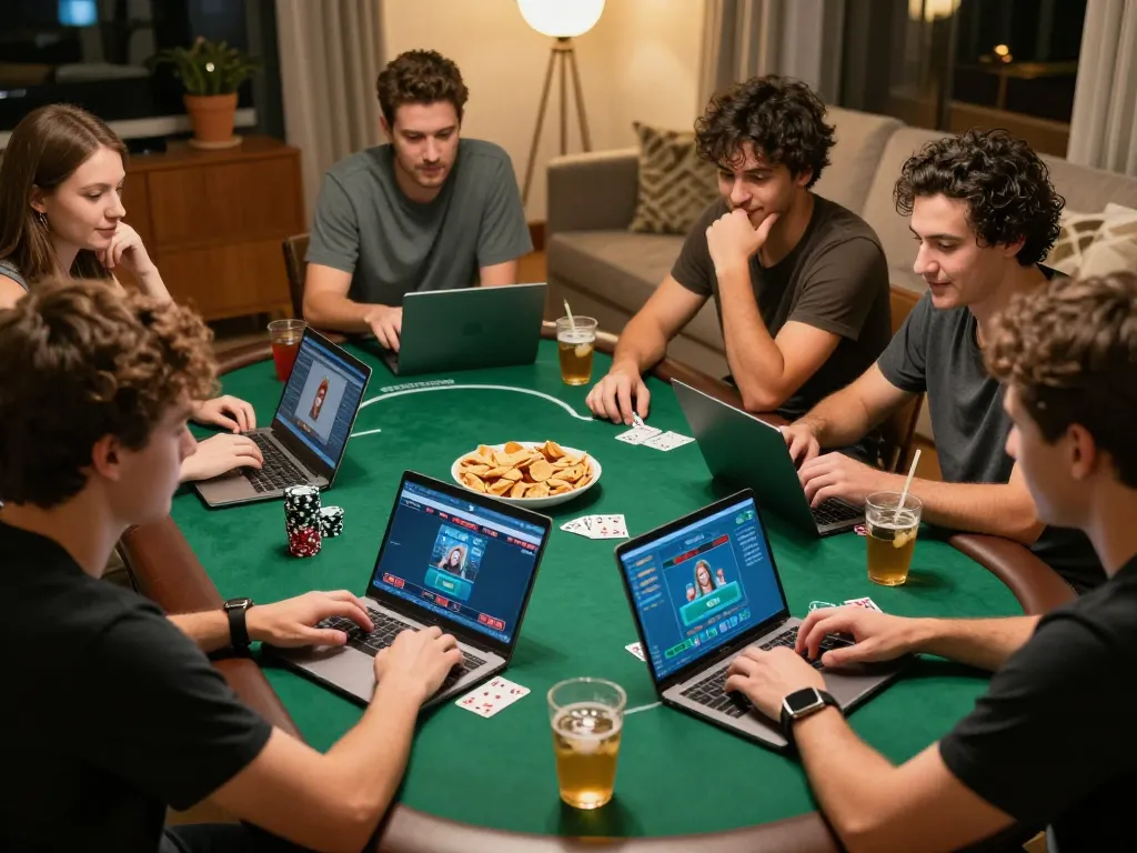 Togel hari ini action as friends engage in an online poker game at home, showcasing strategy and camaraderie.