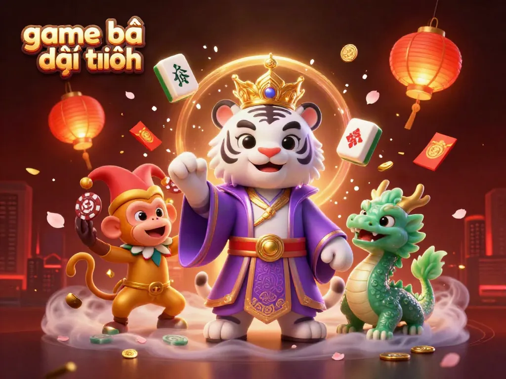 Experience exciting game bài đổi thưởng with a spirited tiger, monkey, and jade dragon illustration.