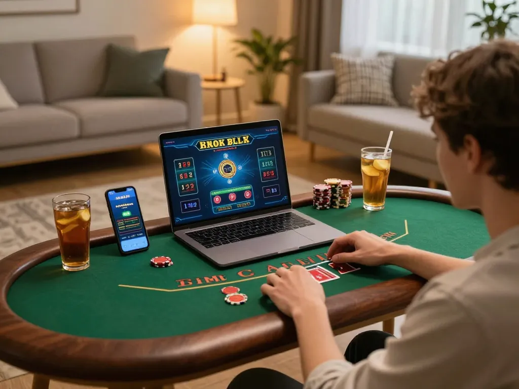 Player enjoying live dealer blackjack on laptop, enhancing experience with dreidelsandmore betting strategy in a cozy setting