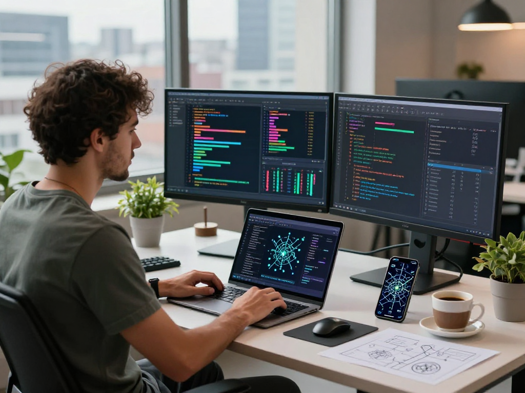 Developer using acrossprotocol for seamless blockchain transfers in a modern workspace.