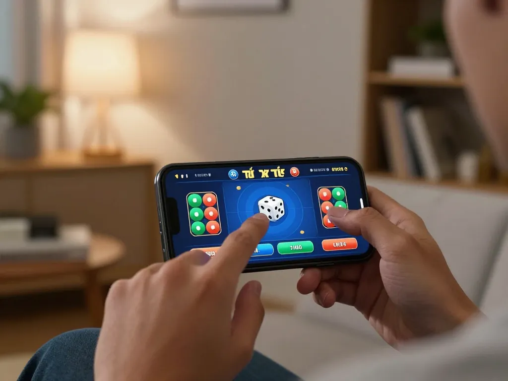 Engaging in tài xỉu online gameplay on a smartphone while relaxing at home