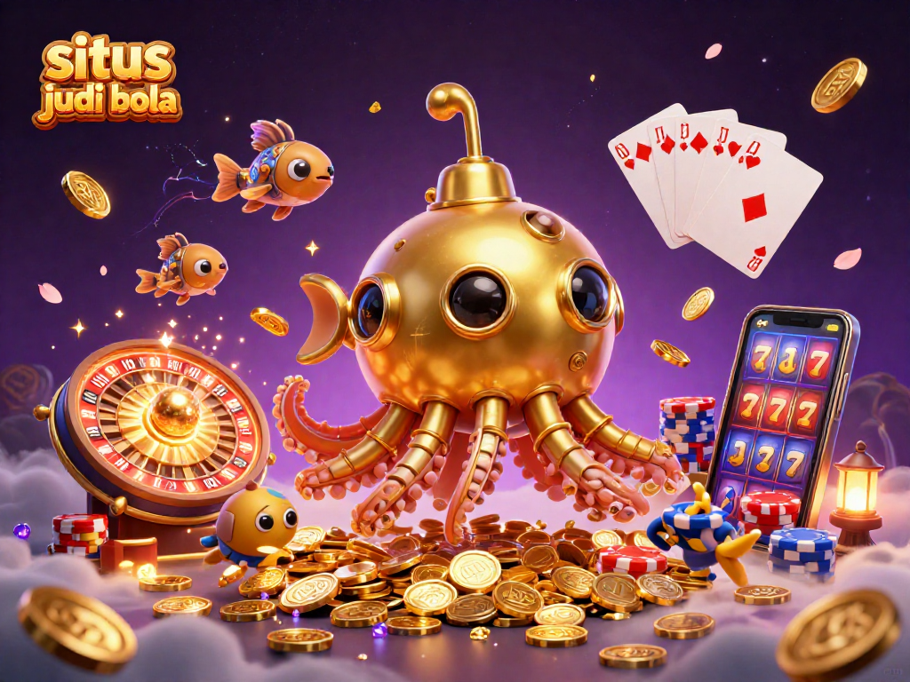 Experience exciting betting action at situs judi bola with a vibrant underwater scene of a golden kraken and mechanical fish.