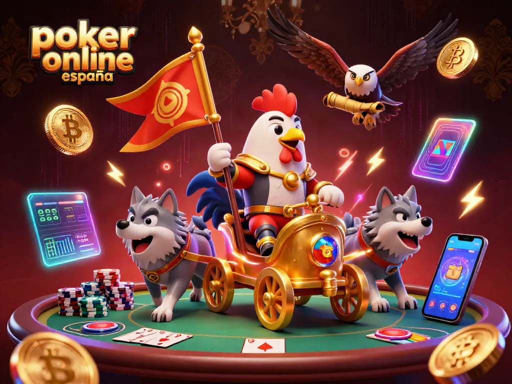 Juega al póker online España en una mesa con stacks de fichas y una mano ganadora, en un entorno vibrante y atractivo.